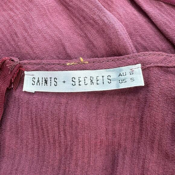 Saints+Secrets Women's Wine Ruffle V-Neck Long Sleeves Belted Mini Dress Size S - Picture 7 of 7